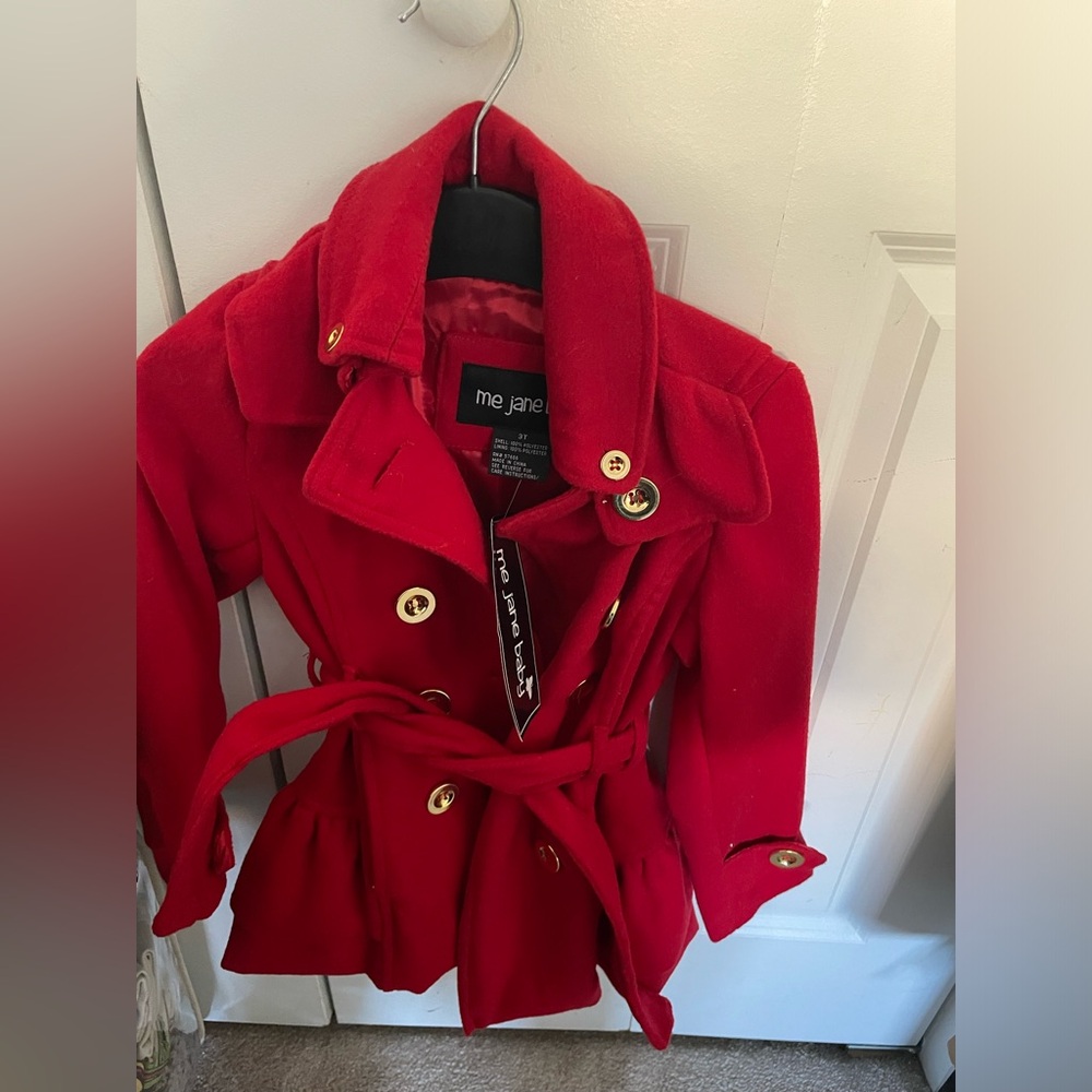 Toddler girl adorable red belted Peacoat